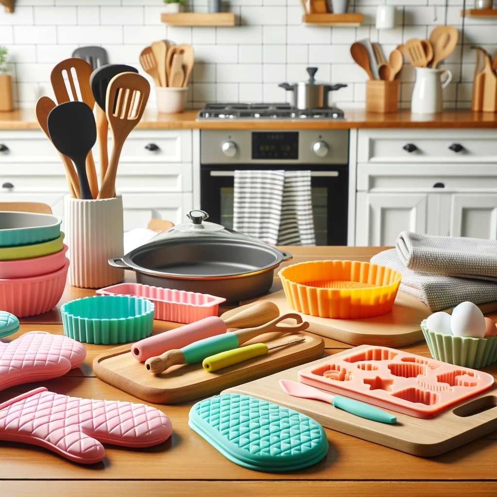 a kitchen scene showing a variety of silicone kitchenware including oven mitts baking molds and cooking utensils in bright colors emphasizing the s