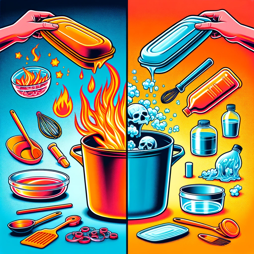 a vibrant illustration depicting the comparison of silicone and plastic in a split scene. on one side silicone kitchenware is shown being used safely
